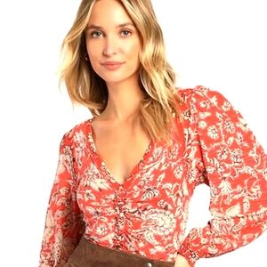 Free People Say The Word Ruby Red Combo Ruched Top Size Med NWT